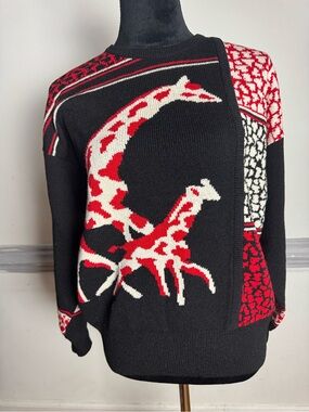 Unique Vintage Black Crewneck Sweater with Red & White Giraffe Motif